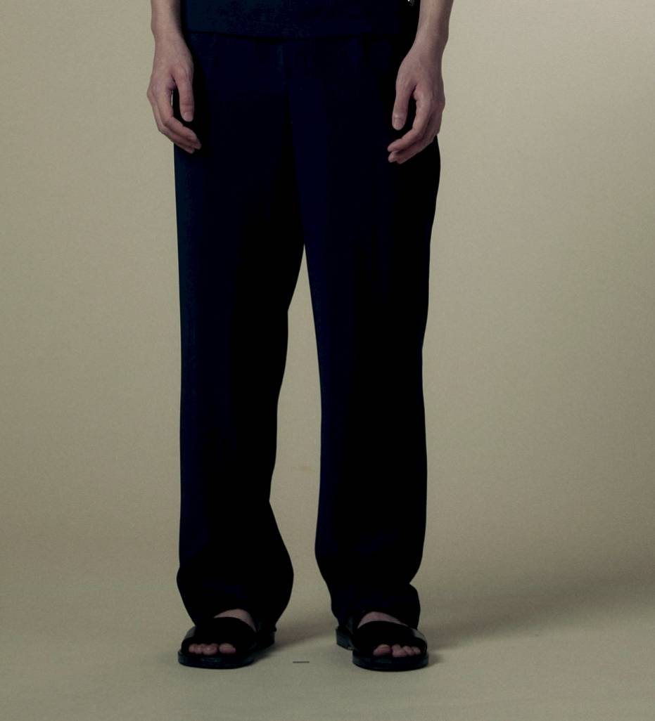 Navy Blue Wool-Blend Wide Leg Trousers