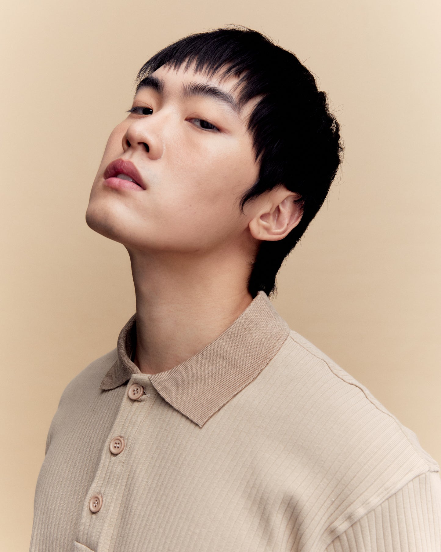 Beige Ribbed Cotton Polo Shirt