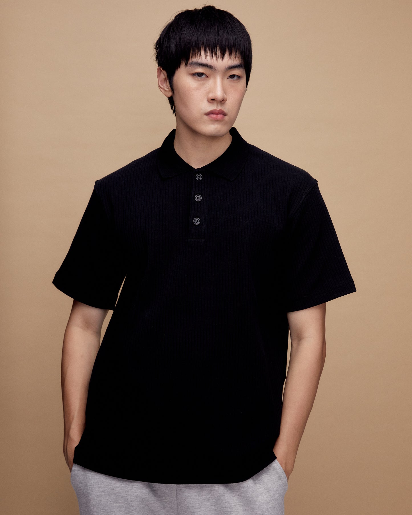 Black Ribbed Cotton Polo Shirt