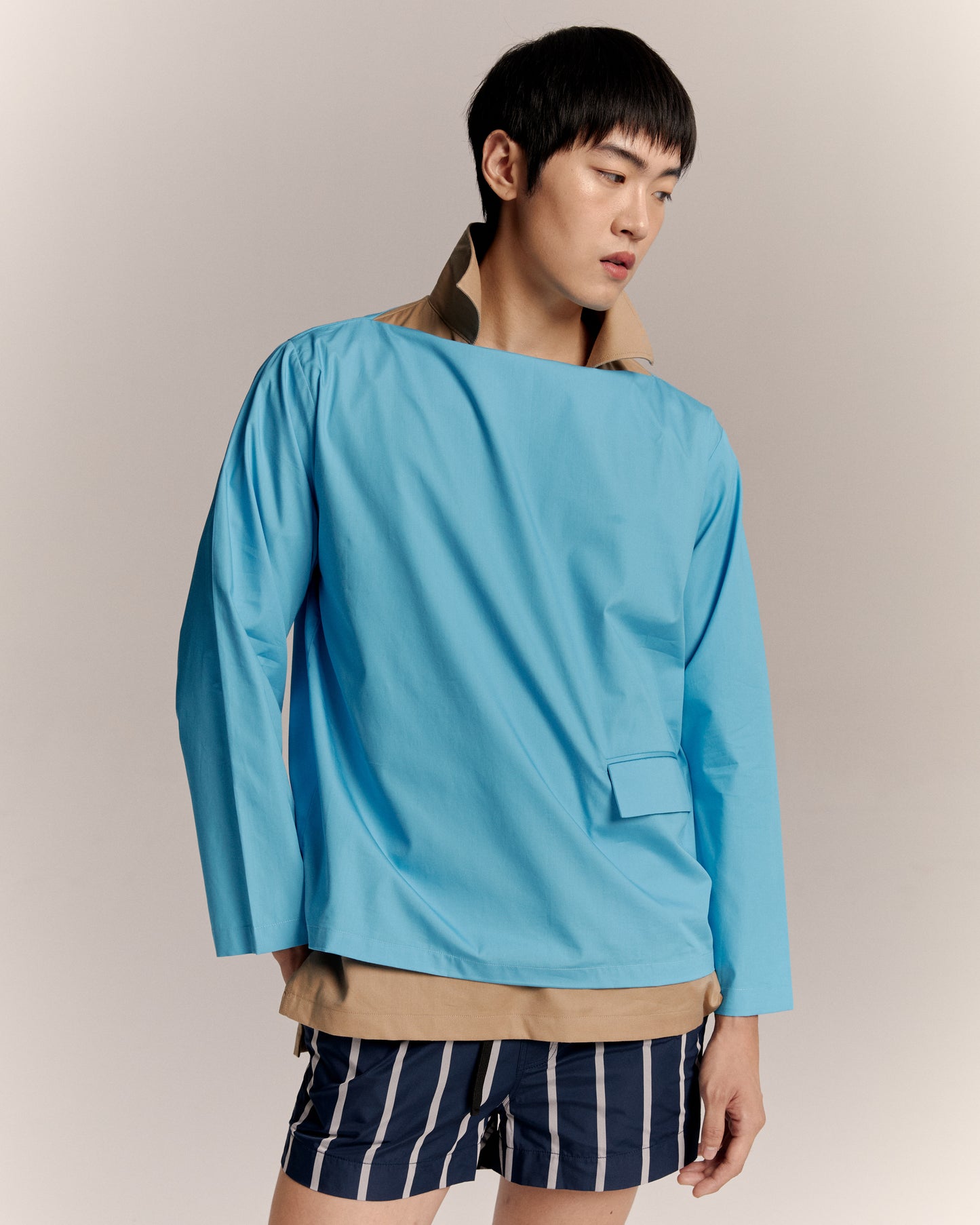 Blue Boat Neck Shirt with Pocket