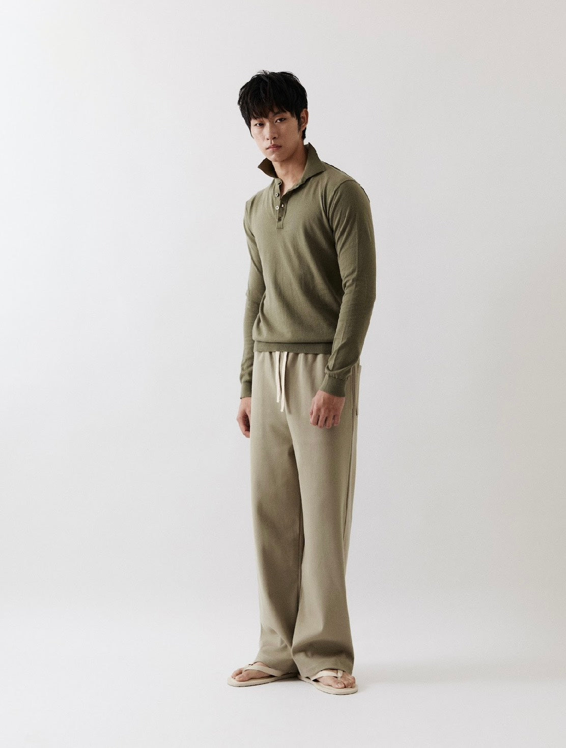 Sander Knitted Long Sleeve Polo In Moss Green