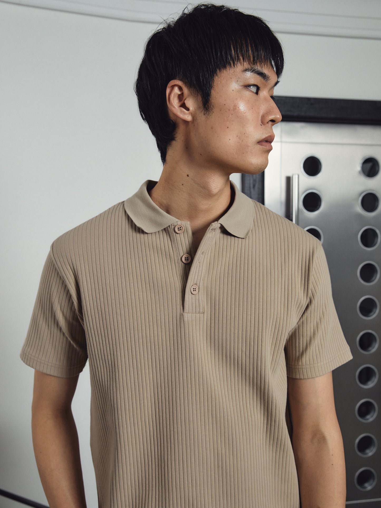 Luke Ribbed Polo Shirt  Beige