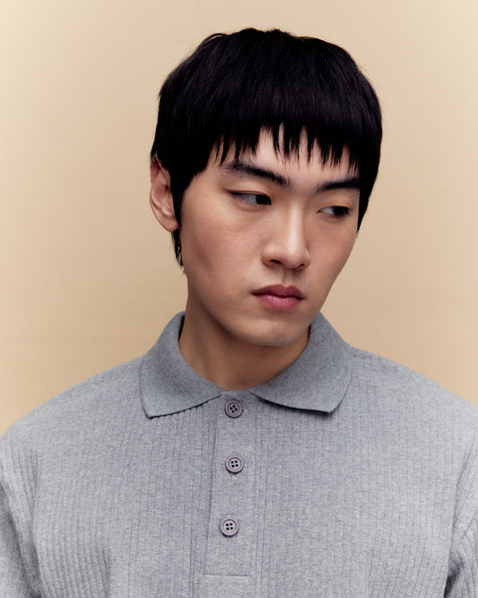 Grey Ribbed Cotton Polo Shirt