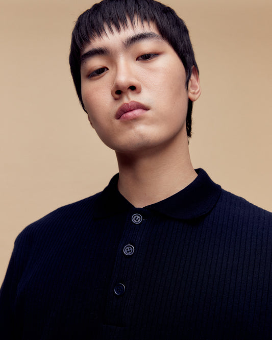 Navy Blue Ribbed Cotton Polo Shirt