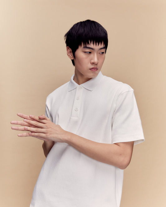 White Ribbed Cotton Polo Shirt