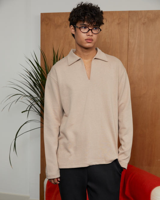 Beige V Neck Long Sleeve T-Shirt