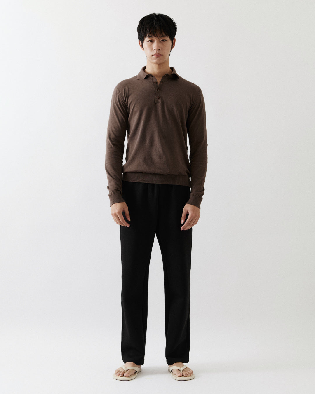 Sander Knitted Long Sleeve Polo In Brown