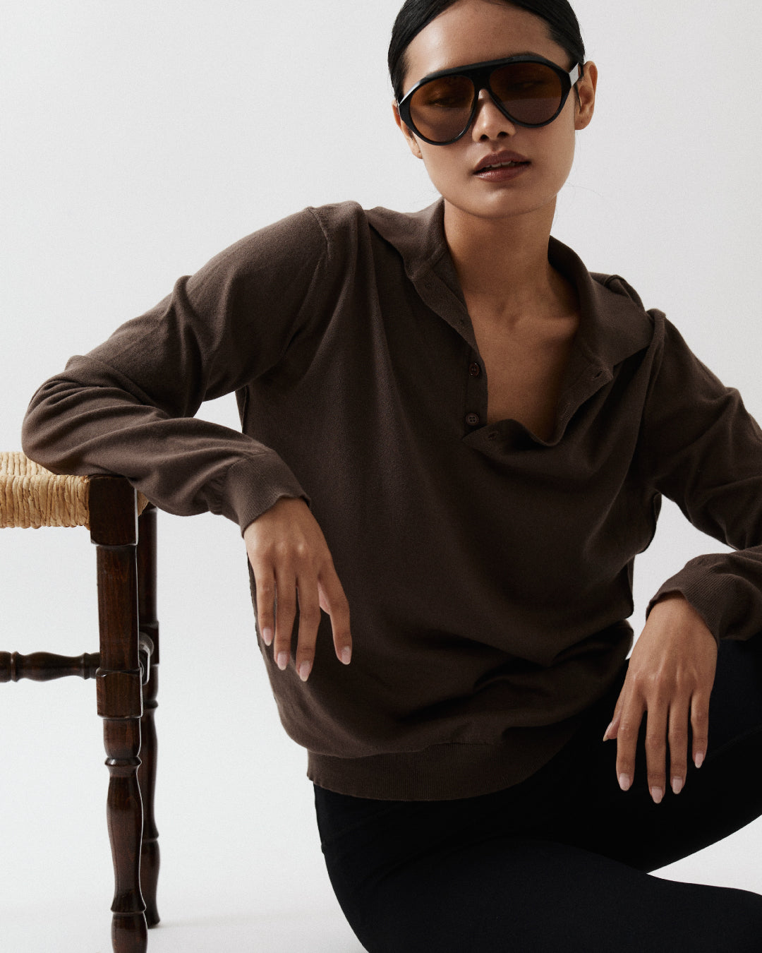 Sander Knitted Long Sleeve Polo In Brown
