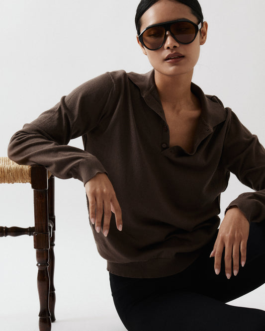 Sander Knitted Long Sleeve Polo In Brown